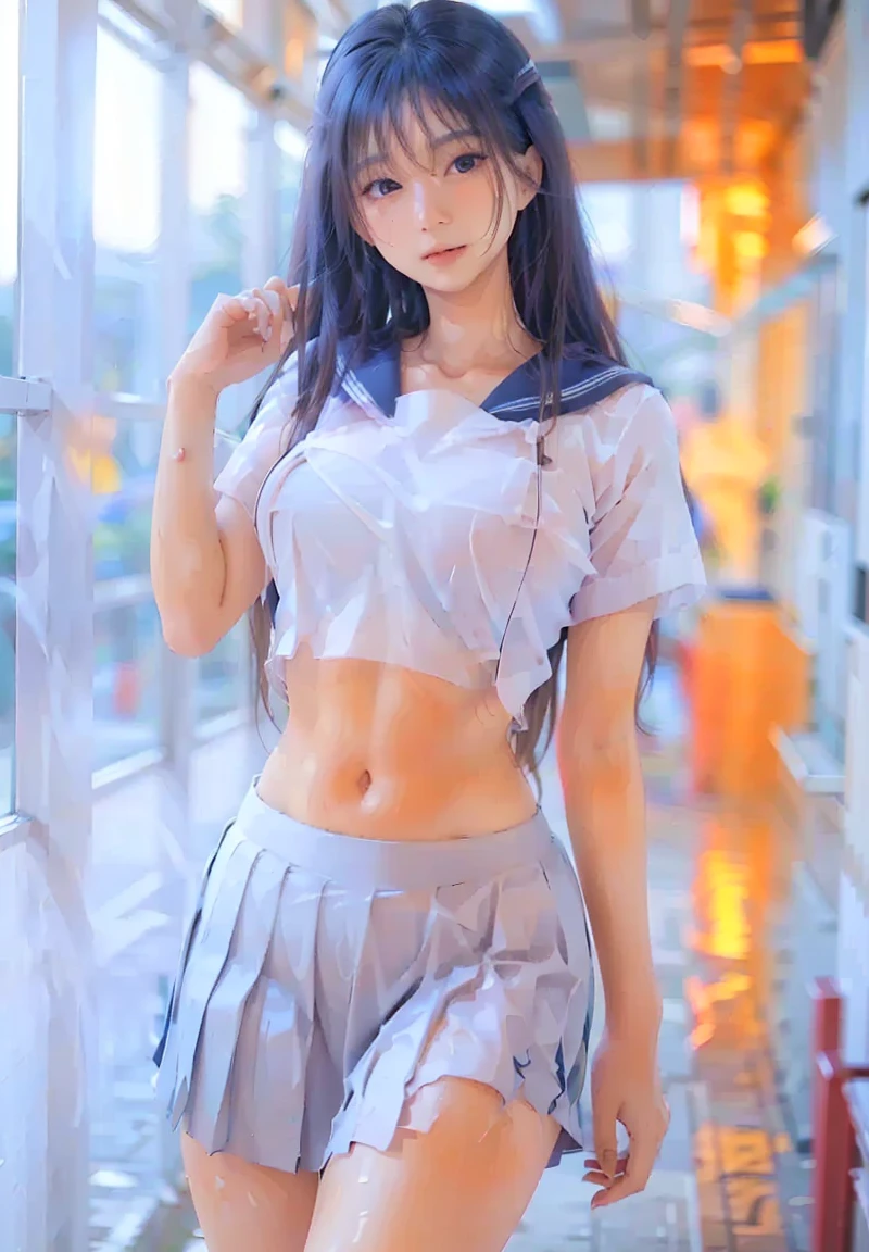(8K, RAW photo, highest quality, masterpiece:1.2), (realistic, photo-realistic:1.37)、26 year old white woman、hair is black、Eye color is indigo、long hair、I braid it lightly、Slender but well-proportioned muscular body、setting hair、I'm punching my chest、accessories on the ankle、smile、I'm wearing a hair band、wearing a tie front shirt、My abs are cracked、I can see my bellybutton、She is wearing a dark blue low-rise micro-mini length pleated skirt.、turn your butt towards me、Never wear pants、Low angle female genitals fully visible