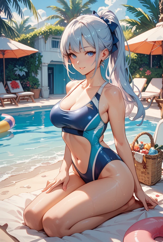 Sunset、Hotel Pool、in poolside、Silvery hair、Longhaire、pink bikinis、huge tit、Raw feet