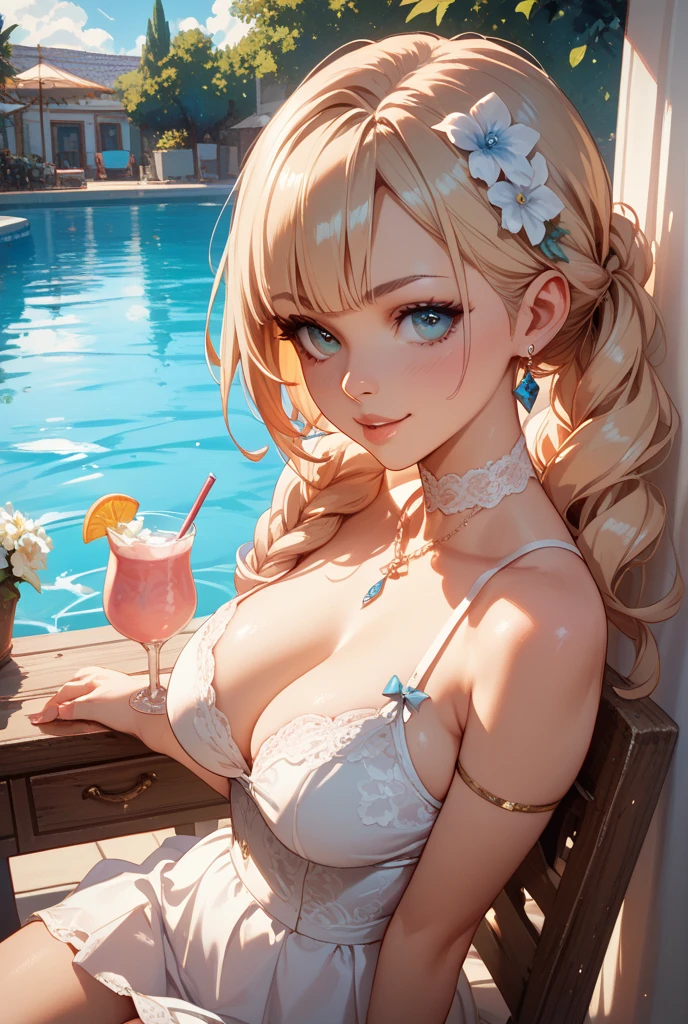 top-quality、Top image quality、8K、Personification of cream soda、Chibichara、(Glass contains green sparkling water.、It is among the girls of the chibi character)、Vanilla ice cream and cherry topping、(Chibichara girl wears vanilla ice cream on her head) Girl is wearing a white bikini