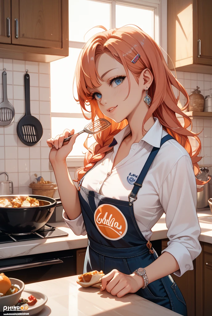 20 year old female, long orange hair, messy hair, ponytail, perfect eyes, perfect blue irises, perfect pupils, thick thighs, oversized otaku shirt, black shorts, many ear piercings, eating popsicle, sweaty, blushing smile, apartment kitchen, otaku, standing in front of sink, highly detailed, best detail, best hands, right forearm tattoo, perfect tattoo, perfect hands, perfect fingers, perfect anatomy
