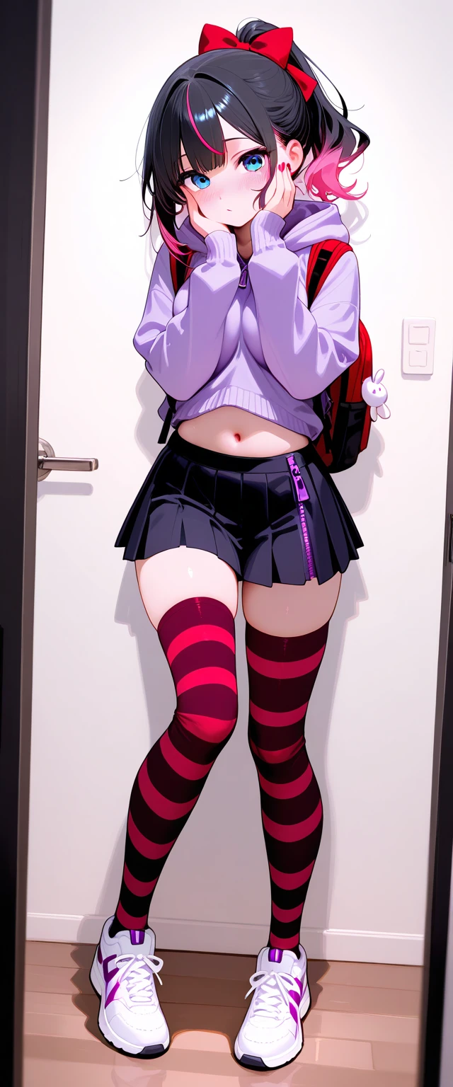 1boy, androginous:2.6, thigh highs:3.8, looking at viewer, red hair, oversized pink hoodie, pink eyes, mini skirt, feminine pose, choker, cute smile, flat chest:1.6, femboy, full body, head to toes, simple scenery, bedroom scenery, black high heels,