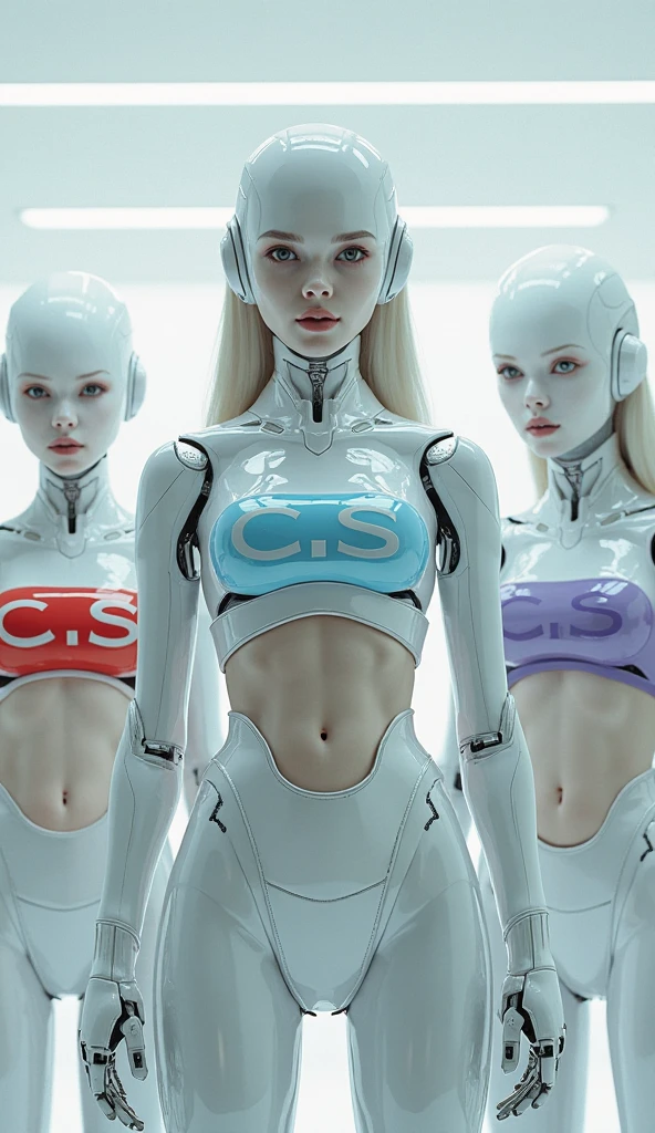 (Three women:1.35) walking in a laboratory alley, leftmost in a laboratory suit indicating her scientific role, middle with cybernetic limbs in a technician outfit merging human with tech, rightmost fully cybernetic with organic brain, porcelain face, bright blue cybernetic eyes, adorned in Victorian gown for a retro-futuristic vibe, all moving assertively side by side, digital painting, dramatic lighting, ultra realistic, octane rendering, highly influenced by Don Lawrence Style