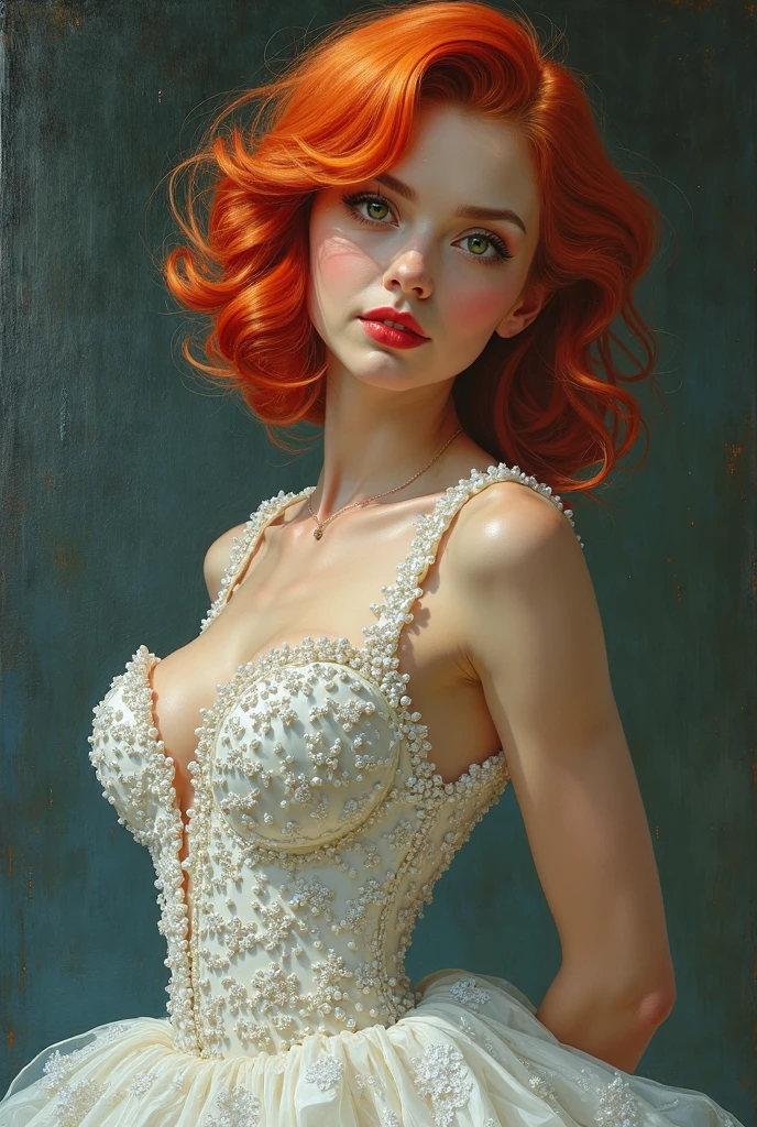 Masterpiece, (Bryce Dallas Howard: 0.5), short hair, vivid orange hair, shy, cute, playful smile, high detail face, high detail skin, white blue dress, (high detail eyes:1.3), (small breasts:1.2), (strong athletic body), garden wiith colorful flowers background, (UHD, 8K wallpaper, High resolution), Cinematic lighting, award-winning, extremely white detailed skin, extra detailed face, high detail eyes, photo-realistic, Zeiss 85 mm F/1.4, by Ellen von Unwerth