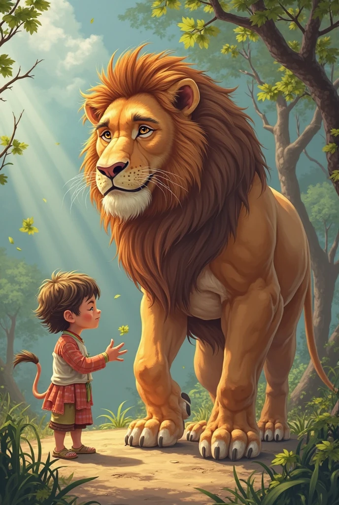 Image prompt: The lion introducing the child to various forest animals and sharing stories.