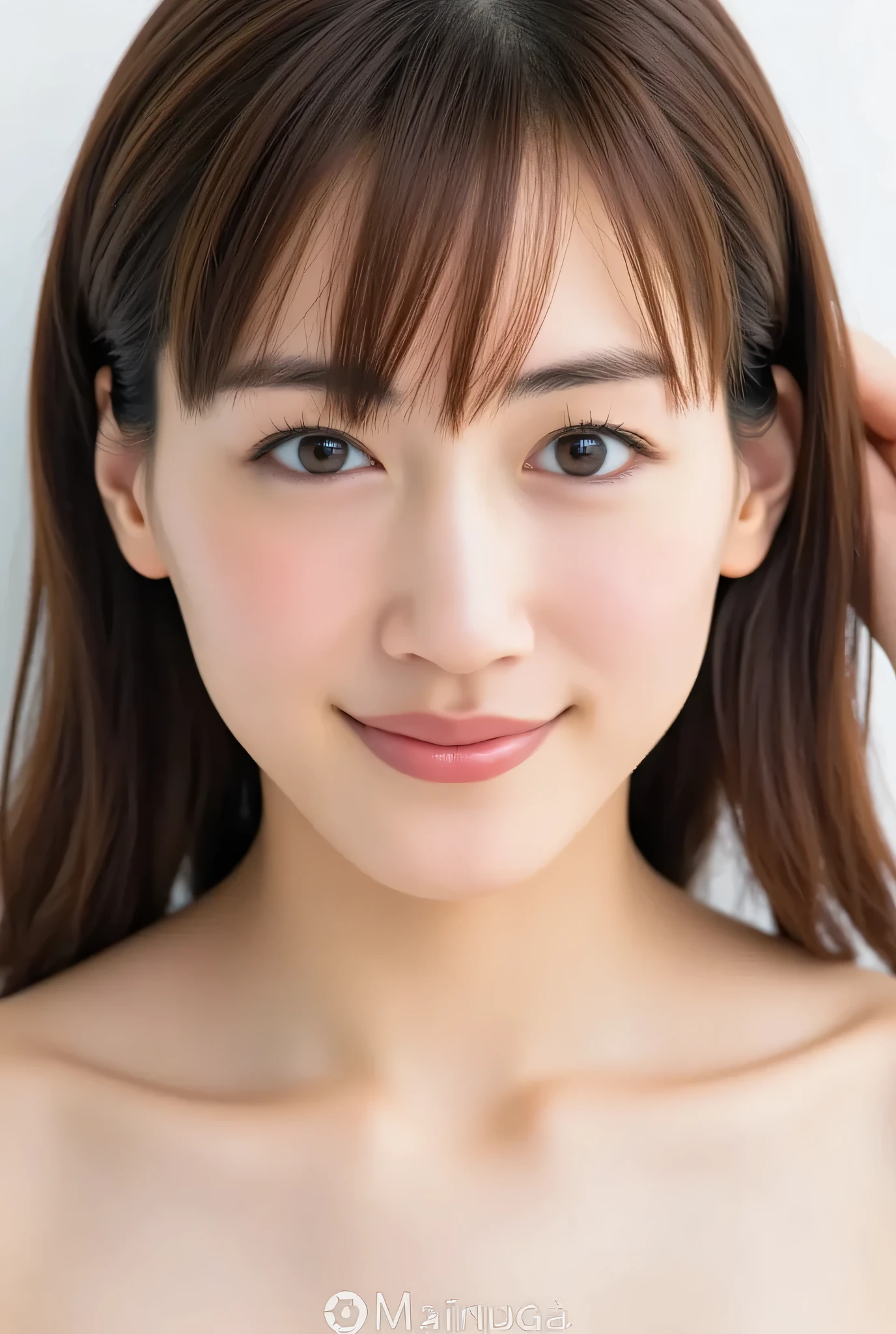 1 woman, looking at viewer, beautiful skin, beautiful eyes, beautiful face, highly detailed eyes, (light-brown straight hair:1.2), (swept bangs:1.5), make up, medium hair, thin hair, masterpiece, Super Details, Best lighting, Realistic and Realistic Pictures, high definition RAW color pictures, slightly smile, shiny hair, Haruka Ayase, Haruka,