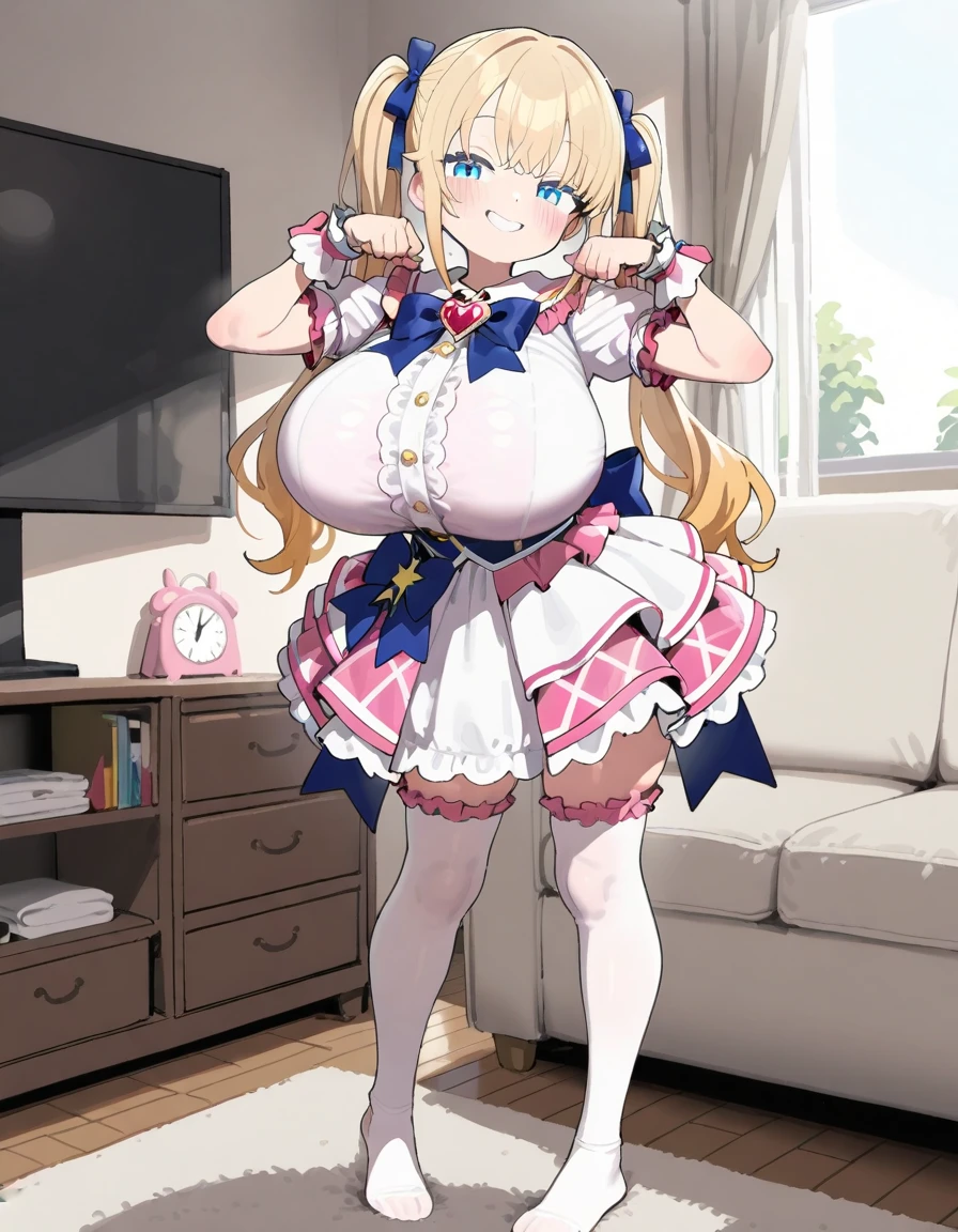 ((best quality)), ((masterpiece)), (detailed), (Solo), (Perfect Lighting),  A Cute Girl, with an excessive Breast Enlargement problem, her breasts and Thighs are uncontrollably Growing to Absurdly Extremely Excessive sizes. ((Ridiculously Huge, Absurdly Excessively Enormous Breasts)), ((Incredibly Huge, Absurdly Excessively Ginormous Thighs)),