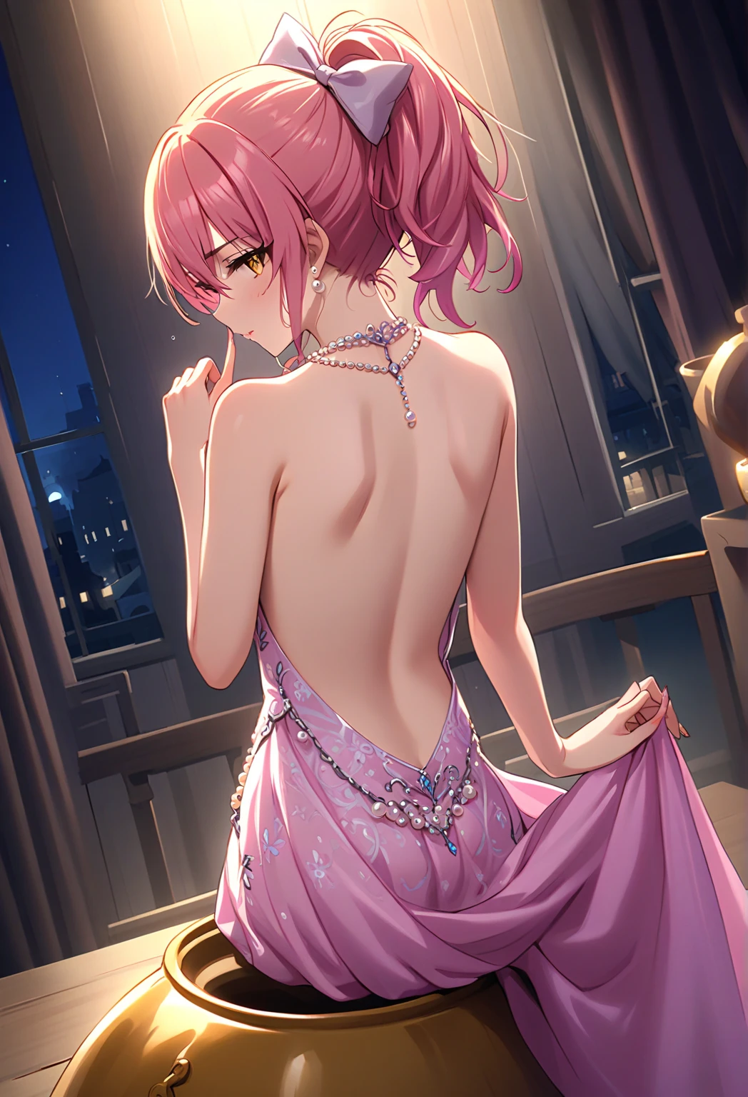 (top-quality,High resolution,(Ultra high definition,4K), (超A high resolution,in 8K),masutepiece:1.2), (Perfect Anatomy,Anatomically accurate), (Angle from below), (Soft lighting, rendered), ((very beautiful goddess mother and daughter)), ((detailed goddess)), (((evening gown))), ((Beautiful view from the lounge of a luxury hotel)), (Goddess mother and daughter arm in arm), (from the rear, Look back:1.2), (fascinated expression), (extremely detailed and beautiful face), (Crisp double eyelids), (Large breasts:1.3), (Soft skin), (Photorealistic), (shinny skin), (pinkhair), (Pixie Cut)