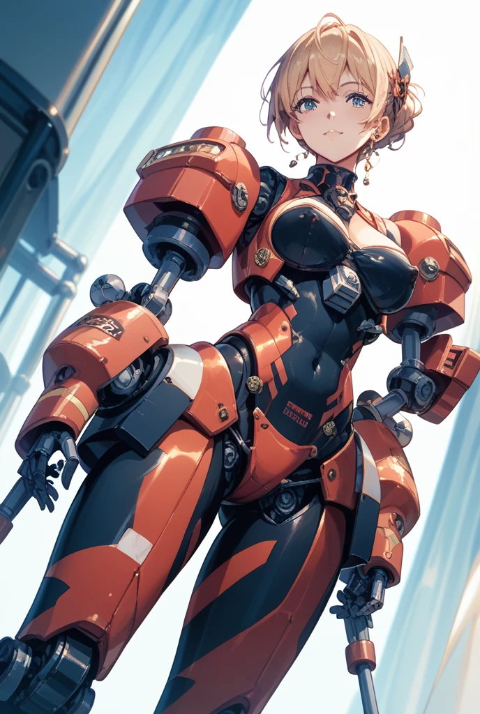 ((masterpiece, best quality)), Illustration, ultra-detailed 8K, realisti, Clear focus, muito detalhado, professional lightning, colorful details, Rainbow colors BREAK Factory Super Totale, (1 large mechanical robot), microchip, computers, luminescence, Intricate detailing, Shitu-mecha, 1 girl in the lower scale stands in front of the viewer, navel