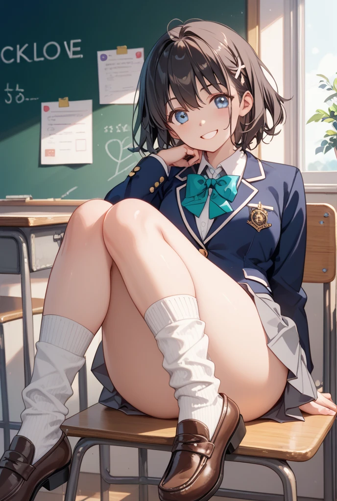 (A beautiful woman、slender), perfect anatomy, High school girls、uniform、(Trying to take off her panties)、Look down、pussy juice, classroom、17 years old、Glossy lipasterpiece、highest quality、black hair, messy hair, (8k, High resolution)、(embarrassed:1.4)、(blush)、 small breast