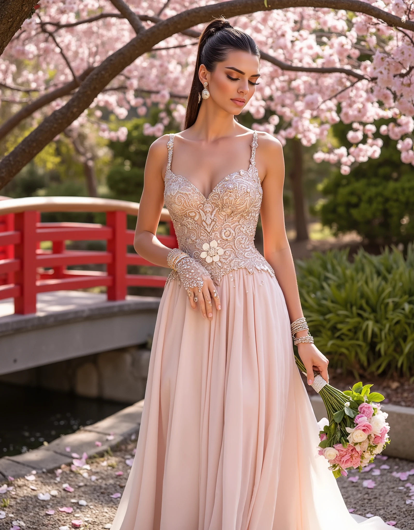 "A charming Egyptian bride, wearing a modern cherry blossom theme wedding look, showing her elegance and sexy from a full body perspective. Hair style combines traditional Egyptian elegance and modern fashion, high ponytail with natural micro-credded hair tail, and pearl cherry blossom hair accessories to add a romantic breath. Make-up is based on the pollen, the eyelids have delicate pearls, the slim cat eyeliner highlights the glamorous eyes, and the rose pink soft and sexy lips show a soft and sexy temperament. Wedding dress design inspired by the ease of cherry blossoms and the structural beauty of Pharaonic. Transparent lace tight body has an unsymmetric design. One side has a long sleeve, the other side has a bare shoulder with clavicle lines. The skirt is a light layer with light powder gradient stained, and the three-dimensional cherry blossom embroidery embroidery to add a romantic atmosphere. Foot wearing crystal thin strap high heels, transparent heels add lightness. Jewelry is selected with white gold cherry blossom earrings and a white gold hinge covered with pink diamonds, echoing cherry blossom theme. She wears a light cherry blossom embroidery shawl and holds pink and white cherry blossoms and green leaf bouquet in her hand. The scene is set in a garden of blooming cherry blossoms, with petals scattered on the ground. The background is traditional Japanese red bridge and running water. The cherry blossom tree is lit in soft light, creating a romantic dream atmosphere.