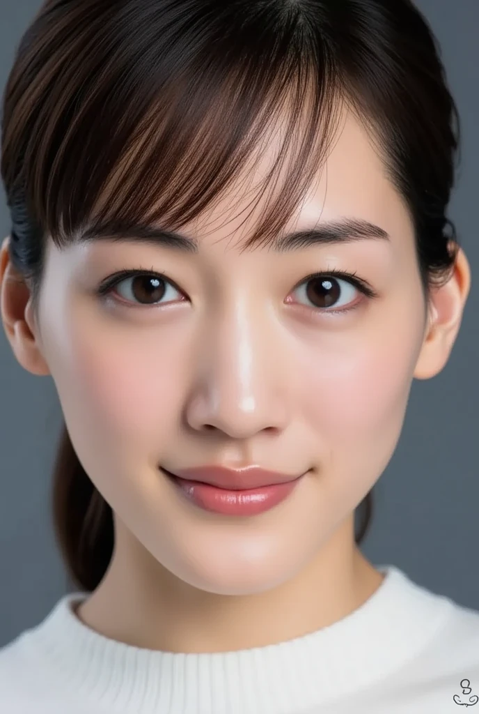 Masterpiece , (8k, RAW photo, photorealistic:1.25) ,( lipgloss, eyelashes, gloss-face, glossy skin, best quality, ultra highres, depth of field, chromatic aberration, caustics, Broad lighting, natural shading) looking at viewer with a serene and goddess-like happiness, sexy, realistic,photorealistic, close-up, short hair,(sweet smile),((closed mouth)), looking at viewer,standing, simply background , beautiful eyes, (38 years old, youngish :1.2), baby face, flat chest, glossy skin, (perfect ), nsfw, nipple
