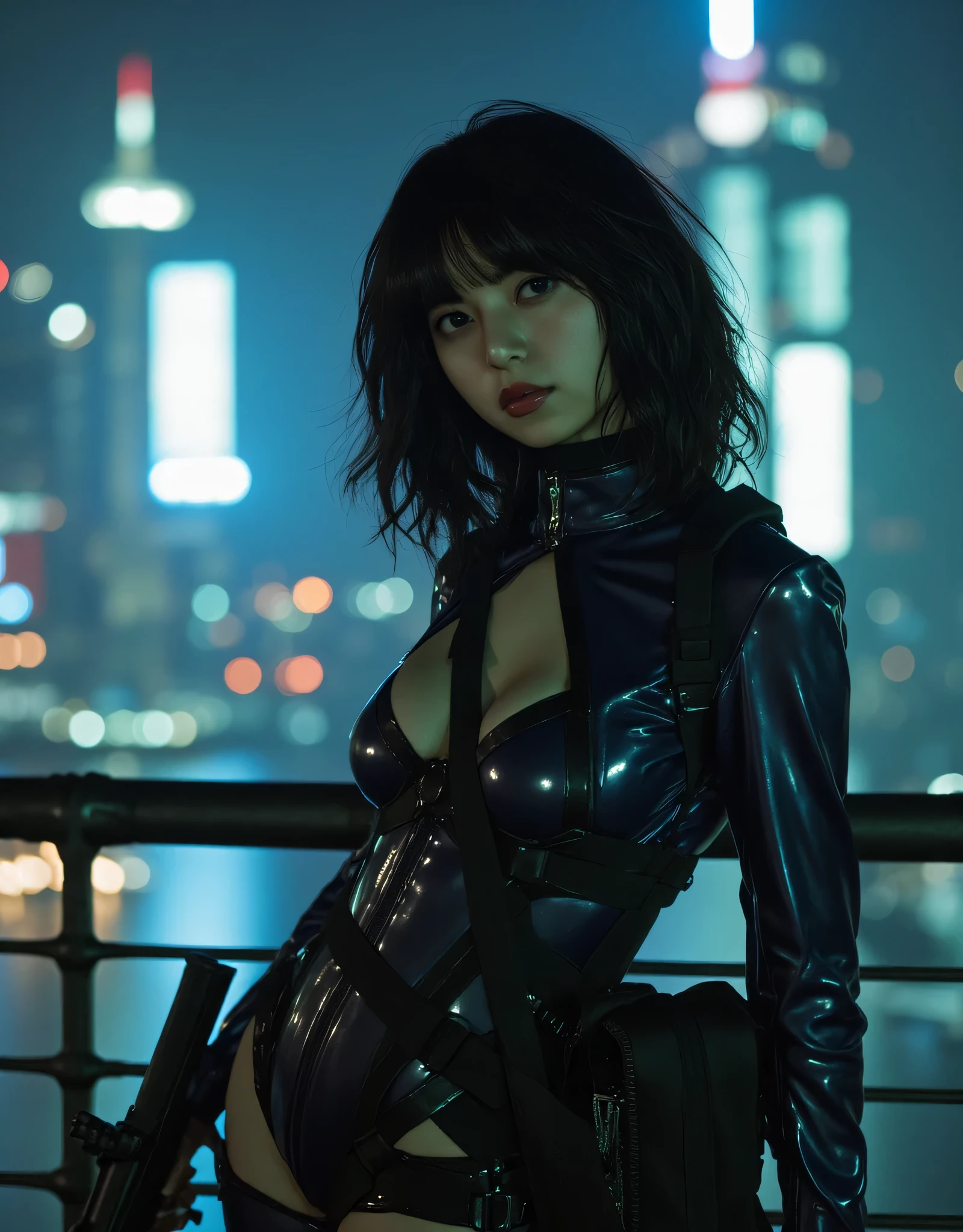 (Masterpiece:1.4), (best quality, high resolution:1.4) (standing:1.4), (dynamic pose:1.5), futuristic city, dark city, neon lights, cybernetic, solo, 1girl, kusanagi motoko, expressionless, closed mouth, purple hair, jacket, white leotard, white thighhighs, gloves, cleavage looking at viewer, beautifull smile, beautiful face, highly detailed face, highly detailed eyes, highly detailed skin, skin pores, subsurface scattering, realistic pupils, full face blush, full lips, detailed background, depth of field, volumetric lighting, sharp focus, absurdres, realistic proportions, good anatomy, (realistic, hyperrealistic:1.4), 16k hdr,