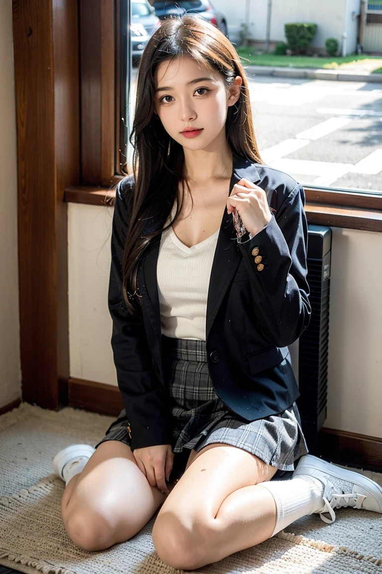 (Realistic, photo-Realistic:1.37), (masterpiece), (highest quality:1.4), (Ultra-high resolution:1.2),(RAW Photos:1.2), 16 years old,(Realistic Eye Size, Droopy eyes, Sleepy face, Angle from below, Realistic skin, Ecstasy face), Masturbation, Strong winds, Beautiful brown hair, ((Spread your legs, Expose the genitals, Shaved)), (School uniform blazer, Short mini skirt, Off the shoulder), In the office, ((Not wearing panties)), (((Focus on the pubic area, Between the legs))), ((The dark hours of dawn)), (Big Tits), stream, (sit on the desk and spread legs), (Hands behind your head:1.5), (thin pussy are visible), pussy shot, (Highest detailed pussy:1.5, Realistic vagina lips:1.5), Background is the class room desk by the window, natural light