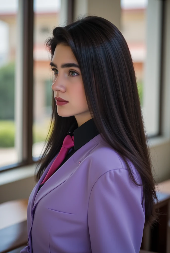 Side selfie of a girl, student vintage color, instagram (photorealistic, high resolution:1.4), ((puffy eyes)), looking at viewer, , full body (viewer, (middle hair:1.5), portrait, purple eyes, (sliver hair:1.1),bangs, (simple background:1.4), solo, upper body, realistic,(masterpiece:1.4),(best quality:1.4),(shiny skin),fashi-girl,makeup,smile(skinny,closed mouth,shy :1.3) ,(standing,black Stewardess uniform,Necromancer:1.1),medium bust,sexy pose , 