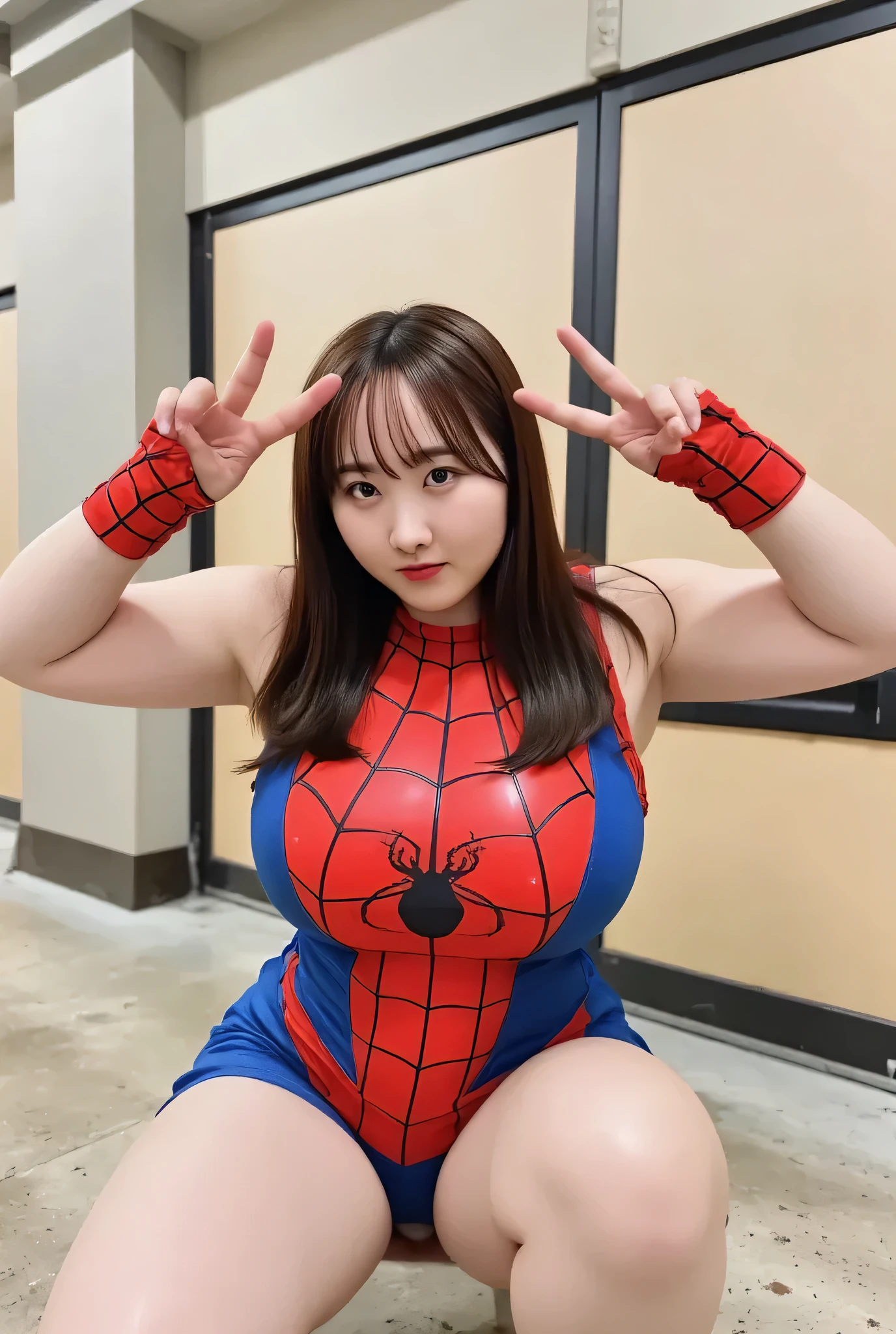Full-figured body, Plus-size woman, Spider-Man, Peter Parker, NSFW, 1 girl, (cleavage cutout : 2.5), realistic cleavage, (She is wearing nothing but a highly detailed, realistic, skin-tight rubber Spider-Man suit with a plunging neckline. : 1.9), (Deep Cleavage : 1.9), (Plump body : 1.8), (Full-body shot from a moderate distance : 1.9), looking at the camera, sensual, Voluptuous Style,