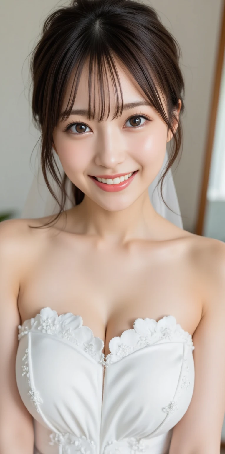 (highest quality, Tabletop:1.2), (Realistic:1.3), (Very Detailed Background, Detailed Background), Bokeh, ((Very large breasts bigger than a face:1.93)), ((Tense cleavage)),(Belleline Wedding Dresses:1.55),Bridal Tiara, show, Bridal Veil, Bridal Gauntlet, bridal cascade bouquet, whole body, Church wedding, The skirt is round and wide, One Girl, 30th Generation, cute,smile, Dynamic Angle