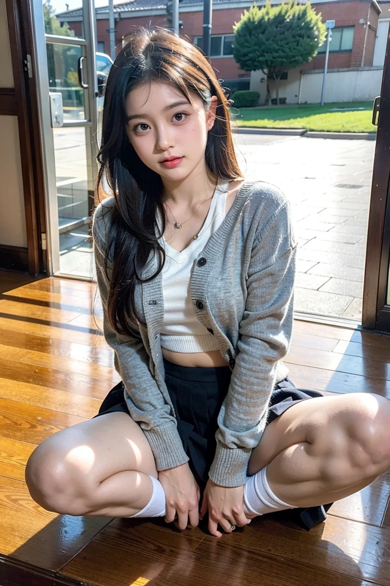8k, RAW Photos, highest quality, masterpiece:1.2), masterpiece, highest quality, shape, Very detailed, Fine details, High resolution, 8k,wallpaper, Perfect dynamic composition,(High quality with attention to detail, Realistic depiction of eyes:1.3)、Hands tied、A woman tied up、Put your arms around my back, Tie your hands behind your back, Sitting on the bright gym floor with feet together and knees bent、with legs wide open,、Tartan Check Pleated Skirt、whole body、White panties、The whole is facing forward、21talent、beauty、Well-formed face、Even out the eyes、Beautiful black hair、Bangedium Build、Balanced proportions、Beautiful feet、Short sleeve blouse、Fresh Face、Beautiful views、