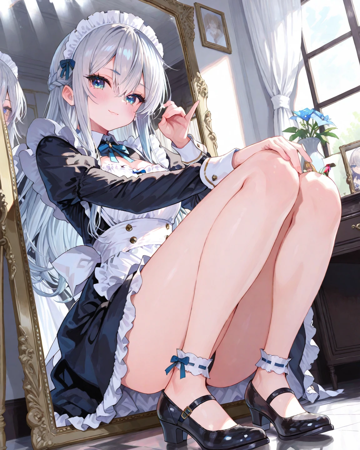 Wearing white silk heels,The seductive girl in a short black skirt revealing translucent panties inserted a popsicle into her mouth,Blushing while drooling