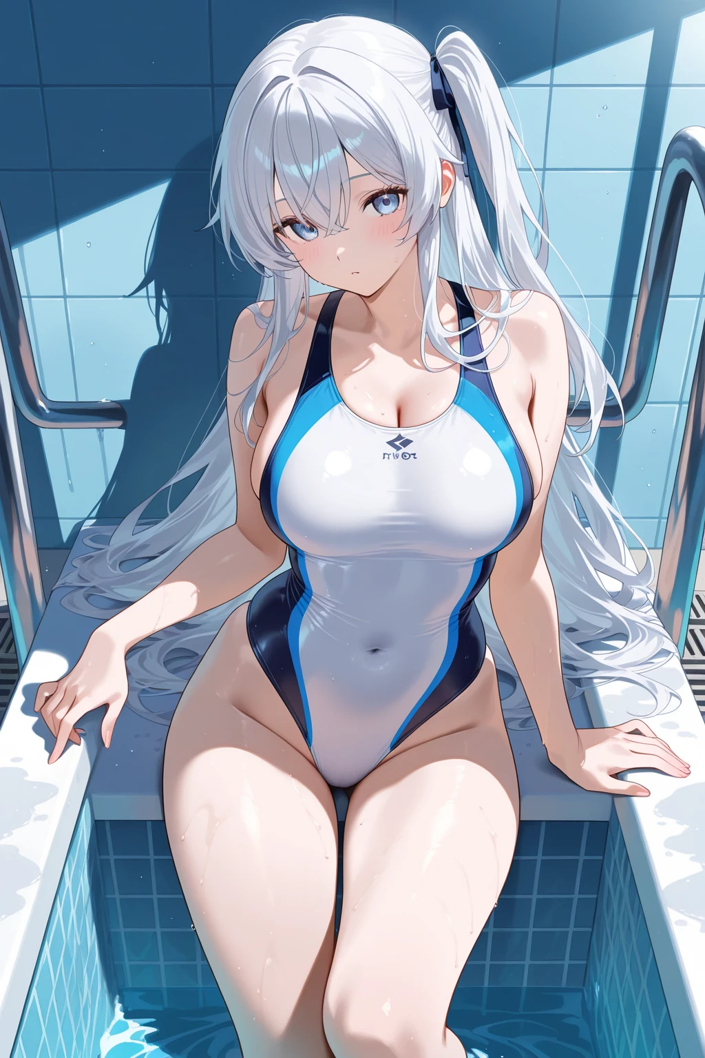 (White swimsuit:1.2),(white long boots),(Black heels:1.1,D-cups,eye glass,White color hair,half squatting --auto