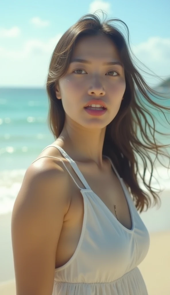 1 girl、(Close-up of face from below:1.4) 、forward leaning posture、Sweep your bangs behind your ears、Beautiful face exposed、Watching the audience、Smiling、Plain blue bikini、非常にDetailed eyesと顔, Detailed nose, Detailed eyes, Shiny skin, masterpiece, Ultra-high resolution, 8k, RAW Photo, highest quality, Detailed Shadows, wonderful, Fine details, (Bokeh: 0.5), Beautiful lighting on the face, blue sky