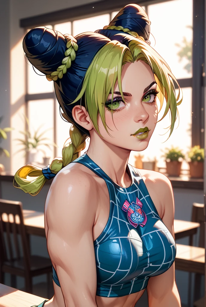 kujo_jolyne, 1girl, masterpiece, best quality, show tits, medium breast, navel, ribs, extremely detailed, hyper detailed, double_bun, green_lips, braided_ponytail, halterneck, sleeveless_shirt, spider_web_print, green eye, --no-half-vae, --disable-nan-check <lora:jolyneCujohLora_v1:1>