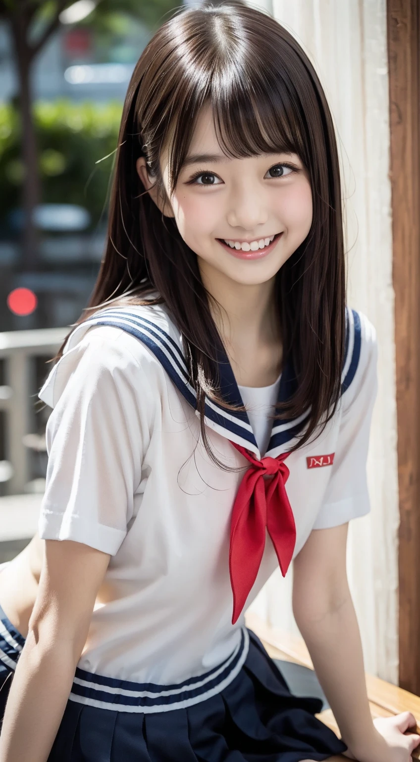 17-year-old girl、whole body、(Schoolgirl uniform、Sailor suit、Navy Pleated Skirt)、Spread your legs、(Striped cotton panties are visible、camel toe)、Small breasts、(smile、Perfect white teeth)、bangs、Long Hair、Hair Ribbon、(Twin tails、Smooth Hair)、Slim body、RAW Photos, (Highest quality、masterpiece、Realistic photo:1.2)、(Realistic:1.4)、Dramatic lighting、Bright lighting、Pastel Color Palette、Super detailed、Realistic skin texture、Beautiful eyes in every detail、Brown eyes、(Detailed Background、Depth of written boundary:1.2)、