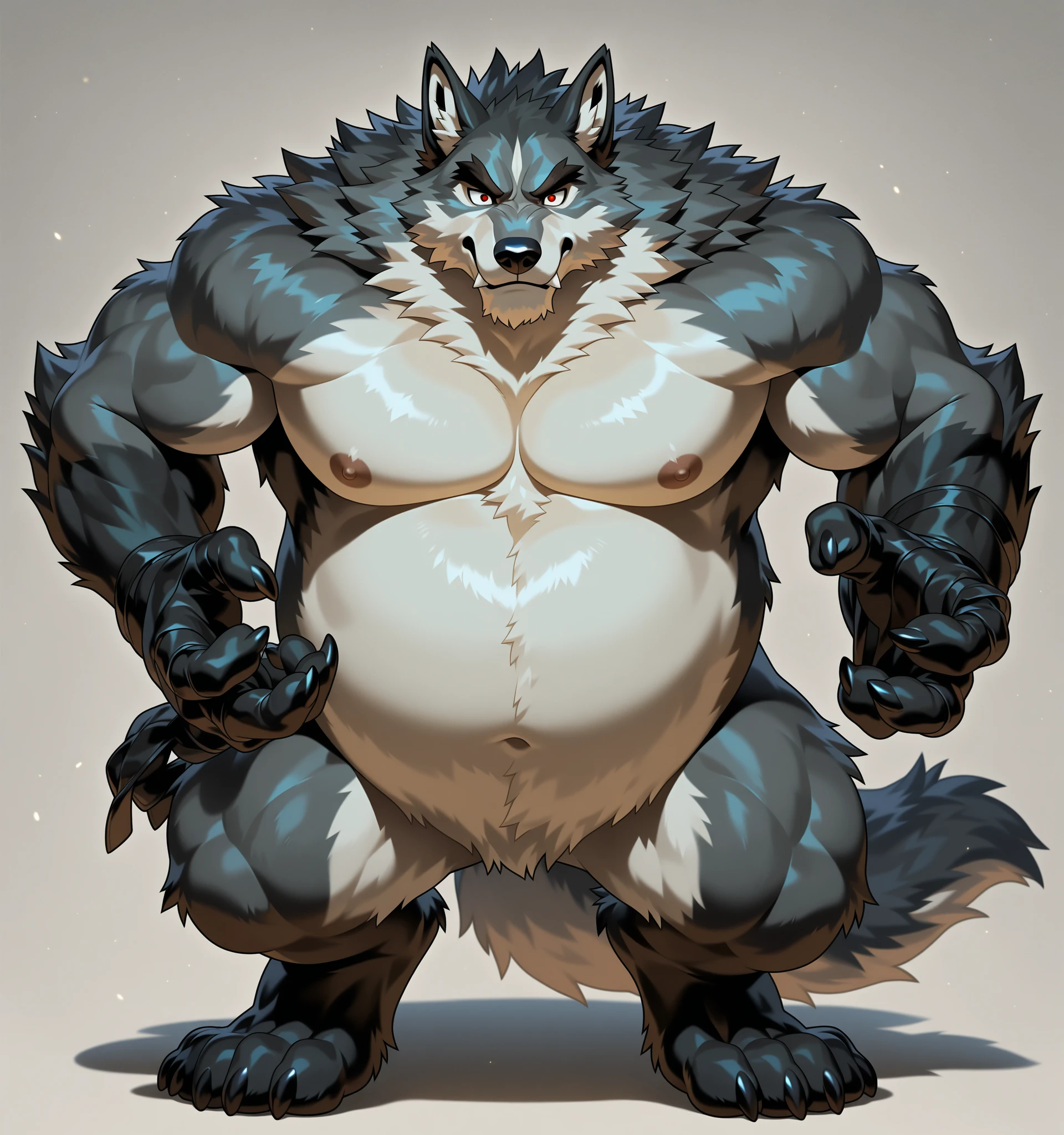 (character_design), concept art, model sheet, anthro, canid, mammal, canine, solo, armor, male, wolf, fur, claws, canis, hi res, standing, fingers, blue eyes, muscular anthro, muscular, were, clothing, muscular male, werecanid, 5 fingers, white body, digital media (artwork), simple background, white fur, black nose, grey body, More muscles growth, Hyper Mucsles, hyper muscles growth, Extreme Muscular, (triceps femoris bulging:1.5), Inflatable Muscular thighs, Stronger thigh Muscles, Stronger Calves muscles, (quadriceps bulging:1.5), (thighs biceps bulging:1.5), (Strengthens muscles contraction Buff:1.1), front view, biped, pauldron, grey fur.