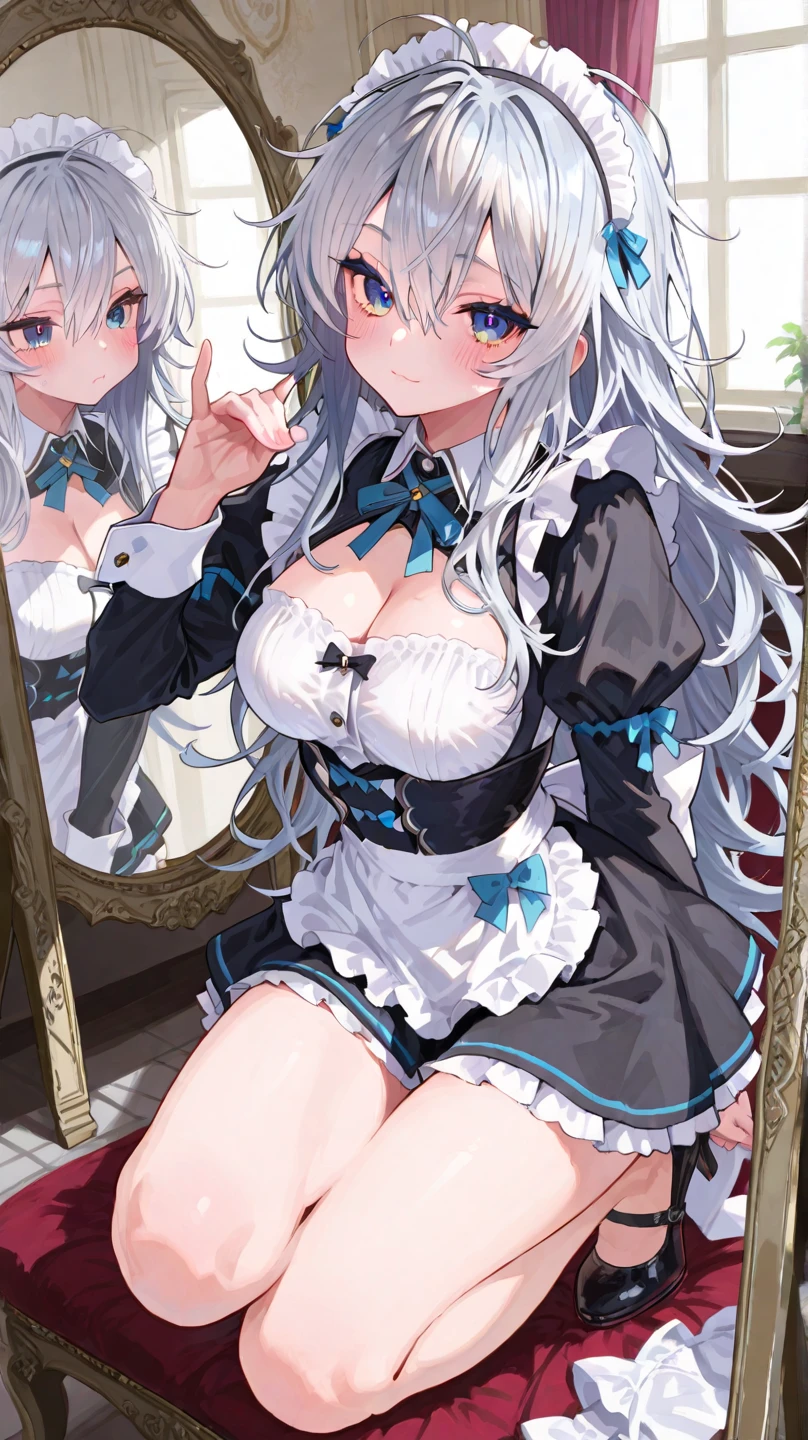 Perfect human body，1 girl， silver princess，(Very detailed dungeon backgrounds), Victorian style，Bow knot，((woman with fever)), Colossal tits，((The expression of color)), (Blushlush:1.2), Kneeling，，