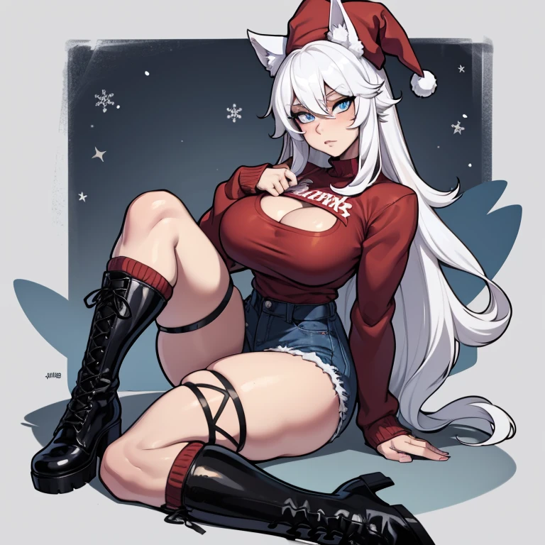 ((exceptional quality)), ((masterpiece)), (detailed), perfect face, perfect eyes, expressive eyes, long wavy white hair, white cat ears, gigantic breasts, thick thighs, red eyes, bratty, lips parted slightly, lips curled into a smirk, heart shaped earrings, heart shaped sunglasses, red lipstick, purple bikini top with knot tied in front, black shorts, black combat boots, subject clearly visible, subject facial features clearly visible, panties slightly visible, skirt hitched up slightly, view from under boot, sole of boot visible