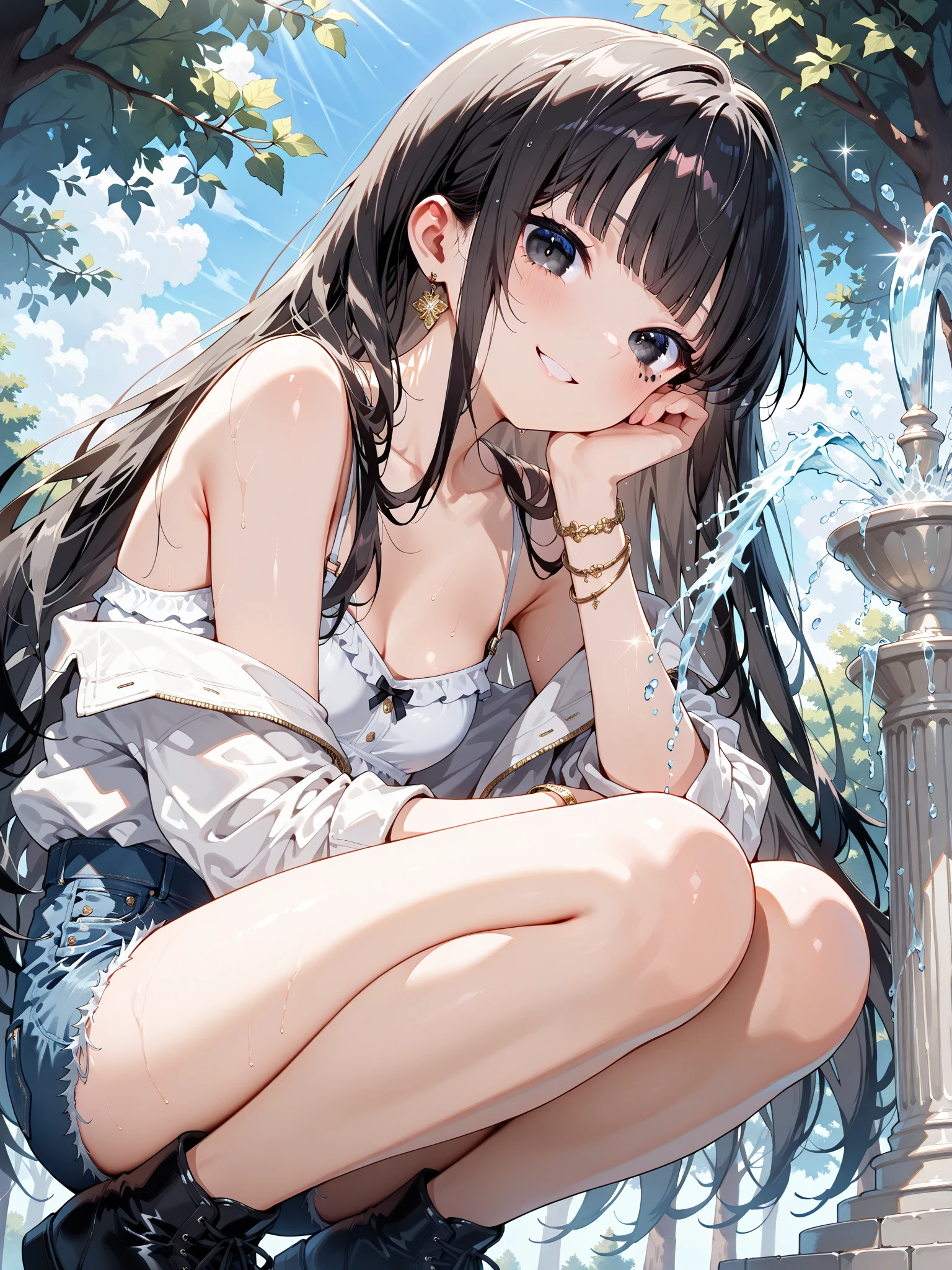 ((((absurdres, RAW photo, extremely delicate and beautiful, masterpiece, Best Quality, ultra high resolution, 32k, hyperrealistic, ultra-detailed)))), in her 20s, very Slim body, narrow waist, very small head, very small face, delicate facial features, beautiful face, beautiful eyes, ((very huge round tits)), medium hair, black hair, wavy hair, tearful mole, earring, ((full body shot)), casual, blouse, white shirt, buttoned shirt, bare shoulders, collarbone, midriff, navel, shorts, straw hat,