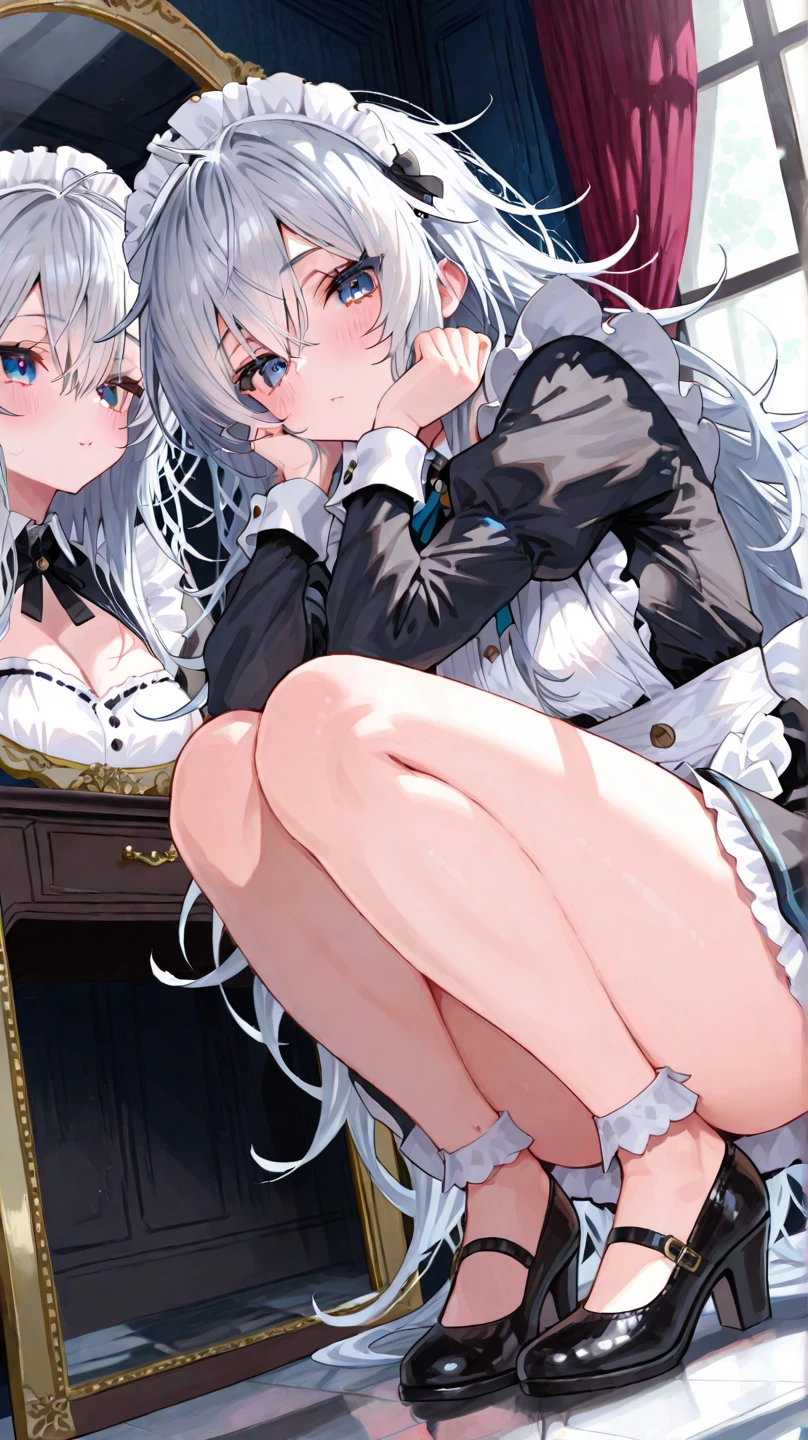 (8K, Highest Quality, Masterpiece:1.3)), Ultra HD, (2 girls, Duo), (Color changing eyes, Ultra detailed, Expressive glow, Sparkling eyes), Very detailed eyes, Very detailed face, Random hair, (Silver grey color), Exposed, 2 girls side by side, Maid outfit, (Cute panties:1.3), (Ecstatic expression:1.6), White skin, Seductive, Cleavage, Wet panties, Bedroom, Touching each other's pussies