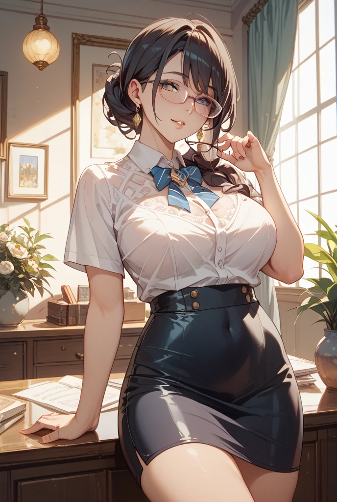 masterpiece, best quality, ultra-detailed, kawaii, cute, lovely, sexy,  extremely detailed, 4K, 8K, best quality, beautiful, in the middle, standing,in the classroom, evening, summer, a pretty woman, solo, suit, beautiful black hair, beautiful brown eyes, beautiful eyes, white-skinned, medium hair, forehead,large breast, glasses,lip, smile,parted lips