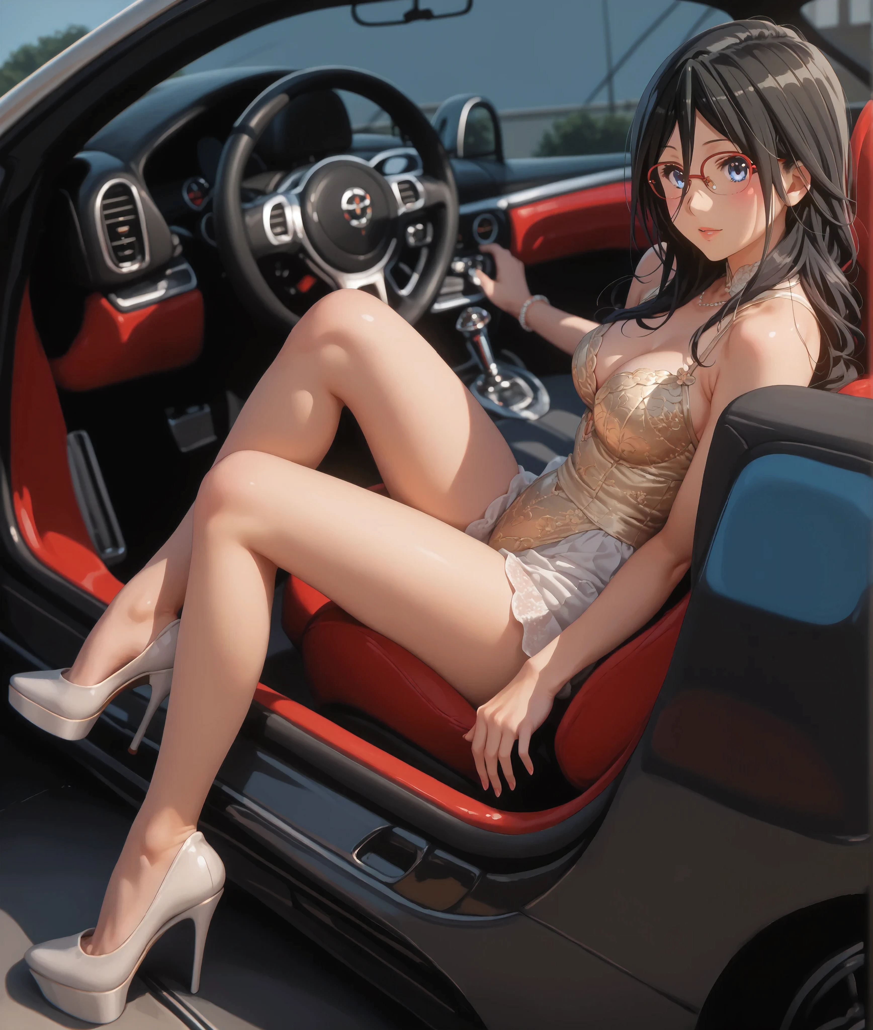 (masterpiece:1.3), high resolution, ultra detailed, extremely detailed CG unity 8k wallpaper, realistic, photo-realistic, RAW photo, beautiful detailed face, pale skin, realistic glistening skin, detailed cloth texture, detailed hair texture, Perfect body, Beautiful Face, accurate, Anatomically correct, Highly detailed face and skin texture, natural neck length, (beautiful hands), (fair skin:1.2), Thin legs, Thin feet, Sexy thighs, small face,
BREAK
((1 girl:1.3, 20yo:1.3)),
Detailed eyes, symmetric eyes, Light Brown eyes, Double eyelids, Thin eyebrows, (Glossy lips:1.4), (pretty smile:1.2), (blush:1.1), The perfect style of 7 heads,
(huge breasts:1.3), (firm breast, nicely shaped breasts, slender figure:1.1), firm abs,
((Layered Hairstyle, Dark brown hair), (wavy hair:1.2, medium long hair:1.2)),
BREAK
wearing a event companion costume((Gold and Black colors clothing(((Gold short jacket), (Black Layered bikini top), (Gold Lowraise pleated mini skirt over a black bikini bottom:1.3), (Gold long boots:1.2)):1.3)),
BREAK
((Sitting on the back seat with one leg up at the Luxurious car(lamborghini of shiny black color, cool):1.4),
((in the 2023's Tokyo motor show:1.2)), ((Upper body shot:1.2), (From below:1.2)),