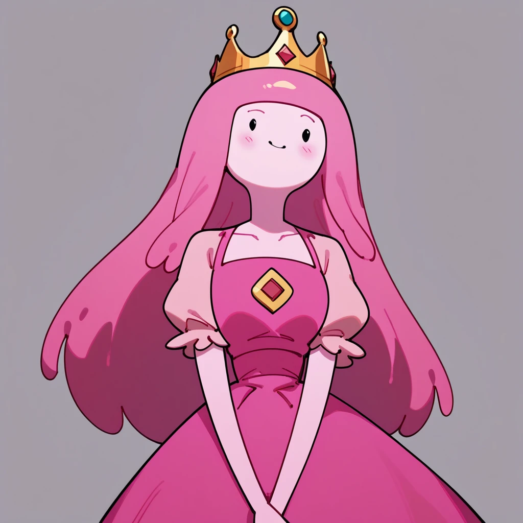<lora:bubblegum-08:0.9>, p_bubblegum, 1girl, pink hair, long hair, full body, cleavage, colored skin, tiara, pink skin, large breasts,
