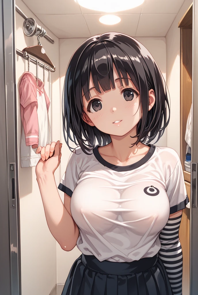 (head shot:1.2), (from above:1.2), frame in, from right in front of face and body, view straight on, upper body, High quality, very high res, High quality, very high res, cute girl, brown hair, forehead, blunt bangs, bob cut, blush, Brushed up bangs, wearing a plain t-shirt, shirt lift, medium breasts, pale pink nipples, I can see your belly button, (kneeling down pose), licking penis, fellatio, pleated skirt, at office