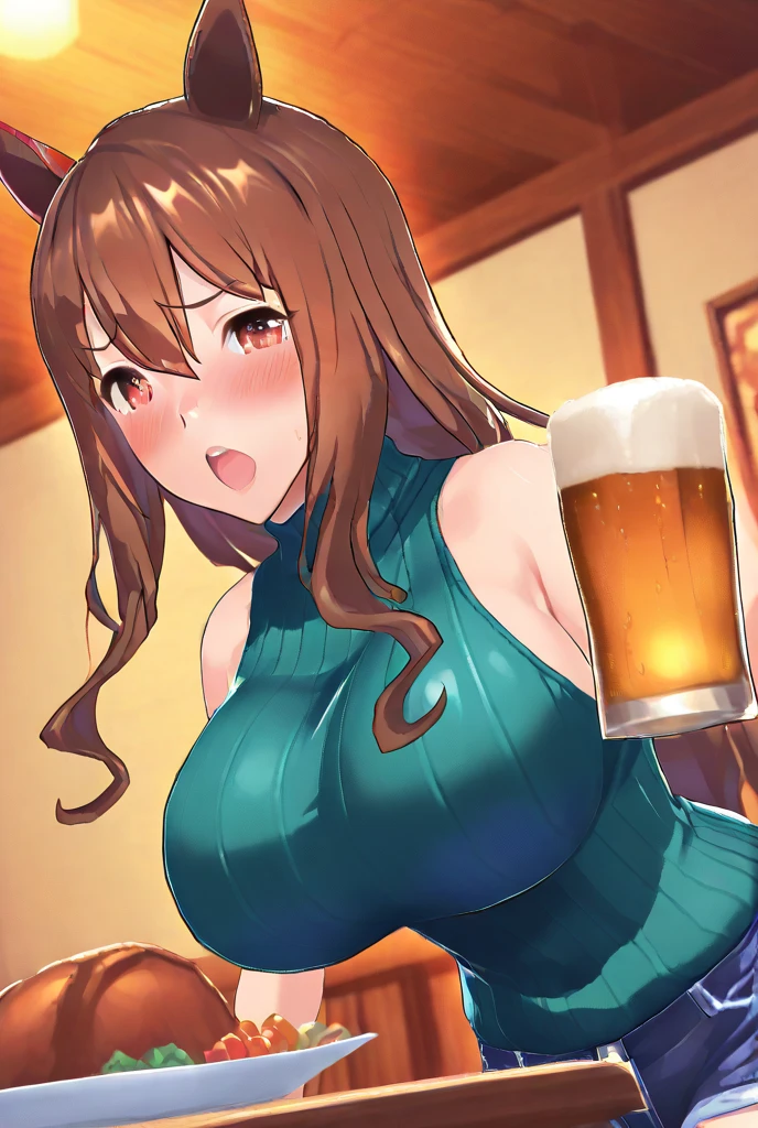 Minami kotori, tight, huge breasts, Blushing, (strapless leotard:1.2), pantyhose, sitting on table, crowded bar, smile, cowboy shot, spread legs, holding beer, drunk, smile,(Blushing:1.2), smile, open mouth, sweating, thighs