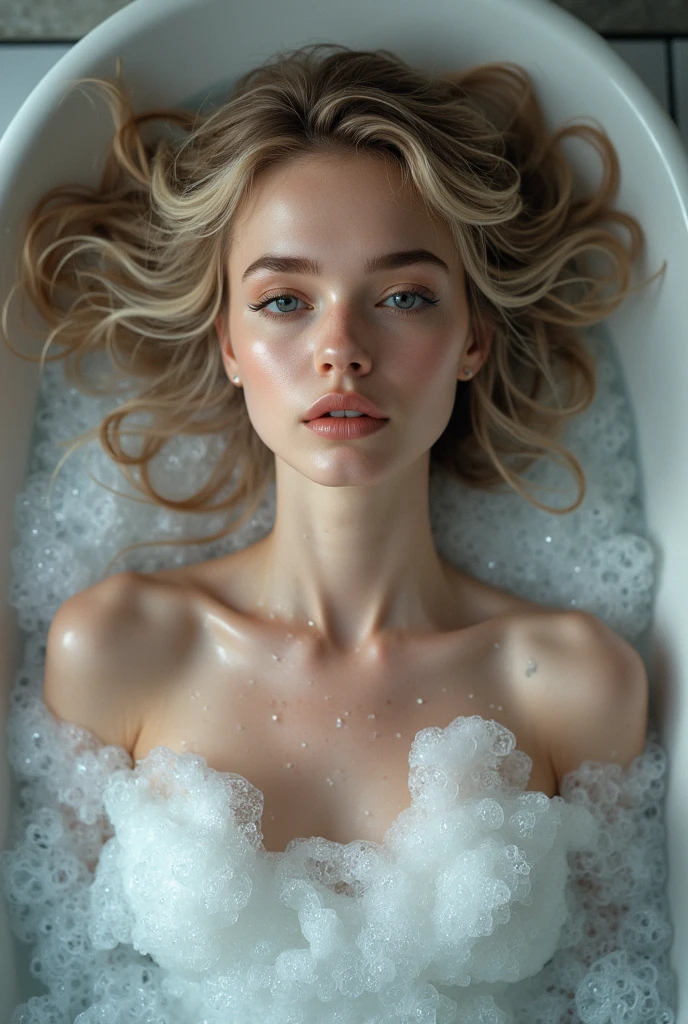 a woman, blonde hair, grey eyes, covered in foam in a bubble bath, detailed face, hyper realistic, photorealistic, extremely detailed, 8k, high resolution, best quality, intricate details, studio lighting, natural lighting, soft lighting, warm colors, soft colors, pastel colors, aesthetically pleasing, elegant, serene, calming, peaceful, tranquil, cinematic, dramatic lighting, dramatic composition, chiaroscuro, dramatic shadows, dramatic highlights, volumetric lighting, atmospheric, ethereal, dreamlike, fantasy, magical, enchanted, mystical, whimsical, surreal, abstract, conceptual, fine art, digital painting, oil painting, impressionist, realism, hyperrealism