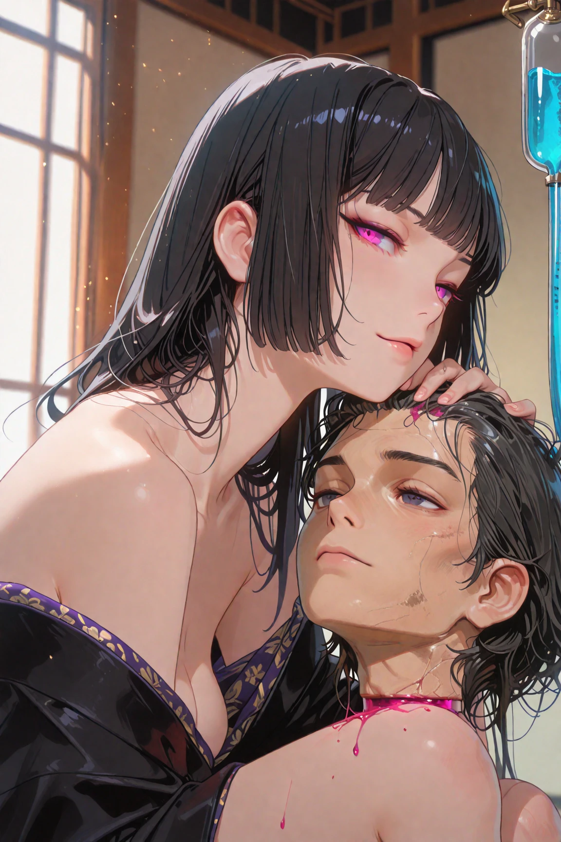 ((Biologically correct limb count))、(( Full-body photo including face))、4K、((Standing position))、masterpiece、((Focus on the face))、((Symmetrical facial features))、Eye for detailed depiction、Beautiful blue-haired woman、Excellent style、Beautiful clavicle、Beautiful feet、Beautiful Hands、Glamorous body、(stockings、garter belt、High heels)、Facial detailing、Small earrings、necklace、(No sleeve、Pleated skirt、Completely naked)、High heelsに照明を当てる、tie、sunny、(((Photo frame with white border)))、Seductive posture、((Looking up))、(Low - Angle、A camera angle that captures the inside of a skirt from below)、Silk gloves、(((Black Hair、The hair is golden)))、(((Moments of ecstasy)))、((Standing forward with arms covering chest、A ring on the left ring finger)),Spread legs