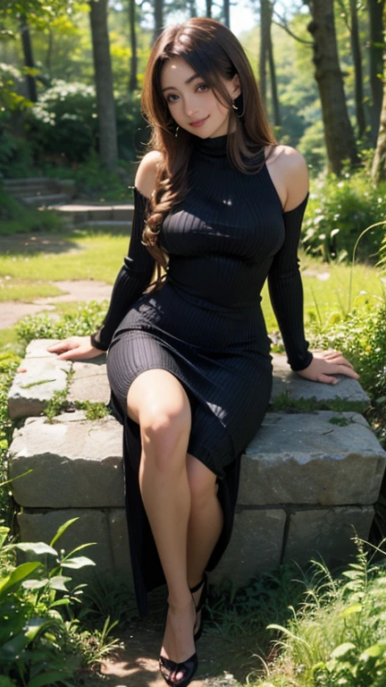 A beautiful European women, full body, wearing Silk dress, pantyhose, cleavage. She is 24 years old, has white hair, Afro braids and blue eyes. Her cloth is stylish and her overall appearance is stunning. The girl's face is extremely detailed with beautifully detailed lips. Her skin is anatomically correct with realistic textures. The image should have super high details and be of the best quality, with a resolution of 8K. The final result should be a masterpiece, showcasing the girl's beauty and the vibrant atmosphere of autumn Forest with tall spruces and ponds