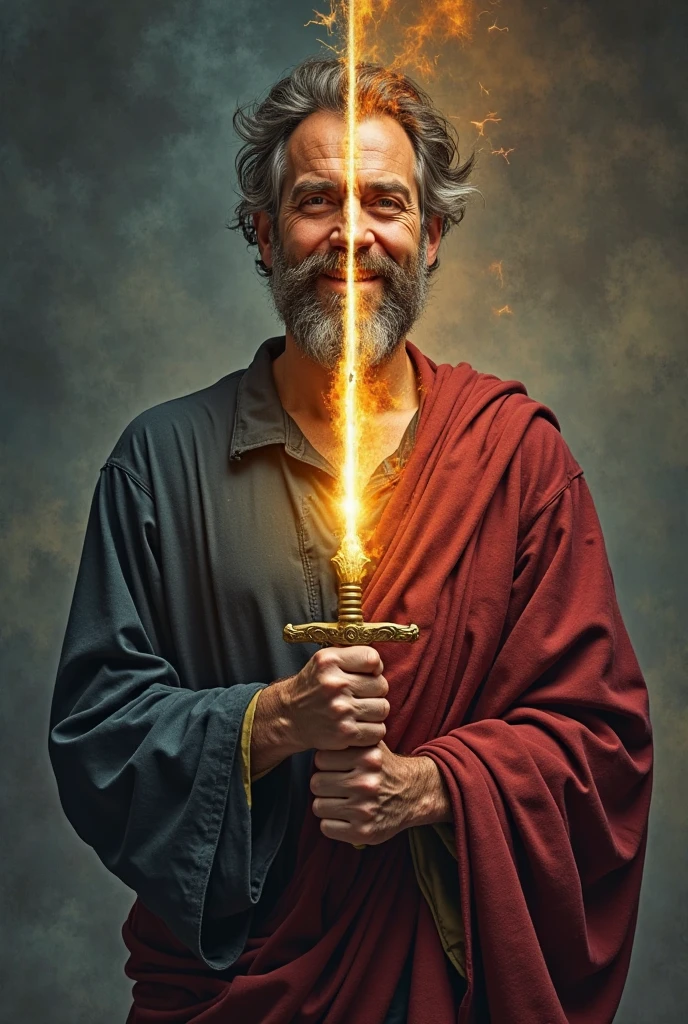 A hot Jesus is holding a long black veiny staff that has a end that is formed like a acorn. Out of that acorn comes a white sticky and slimy substances that covers the face and chest of the hot Jesus while he smiles
