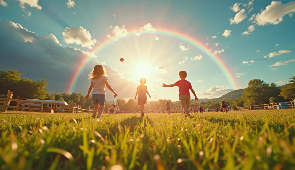 a photo of children playing with kites, balls in a park and soccer field
