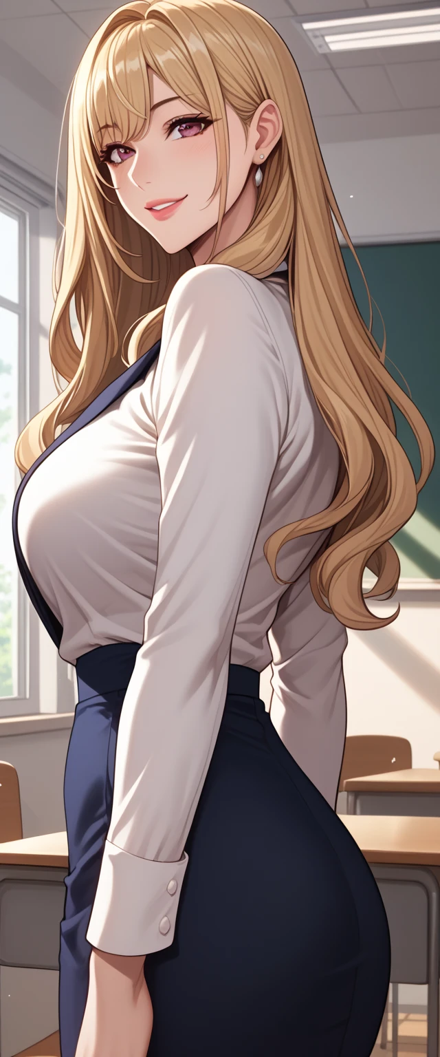 1girl, natural lighting, masterpiece, highly detailed, illustration, game CG, absurdres, high quality, beautiful detailed eyes, glossy lips, natural lighting, medium breasts, klaudia valentz, knit sweater, pencil skirt, pantyhose, collarbone, hands on hips, school, classroom