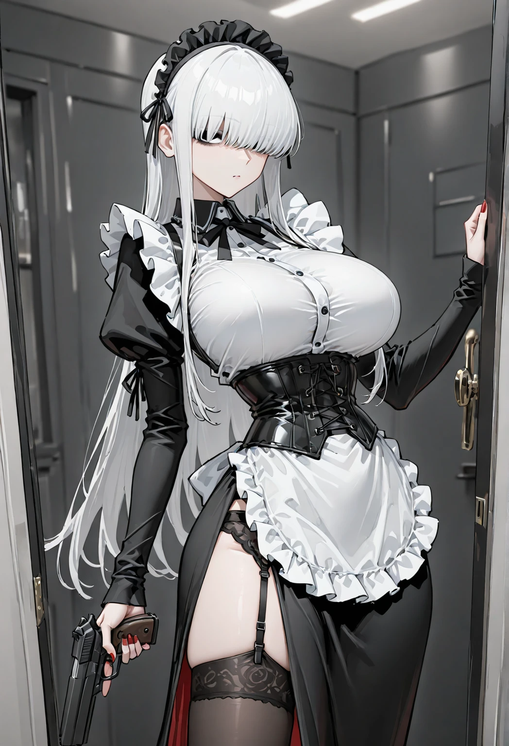 erotic sexy woman with beautiful long hair, Mature (((Big breasts,Very skinny,perfect anatomy,perfect hands,two hand,perfect five fingers:1.5))), (((Wearing a maid uniform ))), (((Sexy Pose,Invite her lover：1.5))), blush, nose blush, submissive, Meek, Cute, Adorable, ((Mature)),(Hotel room,Detailed,Open the door:1.5),(steam,in heat:1.5),by Alex Maleev, Professional, Canon Camera, Nikon Camera, sharp, Bokeh, Studio Quality, fish-eye lens, by Robert Capa ,white hair