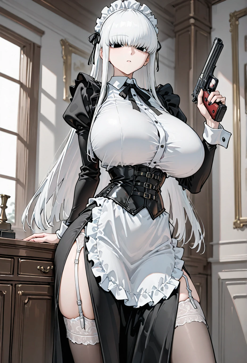 female, standing, right, long_hair, disordered_hair, white_hair, maid in armor, metallic high heels, drow elf, grey skin, sex slave, black leather choker collar, bracers