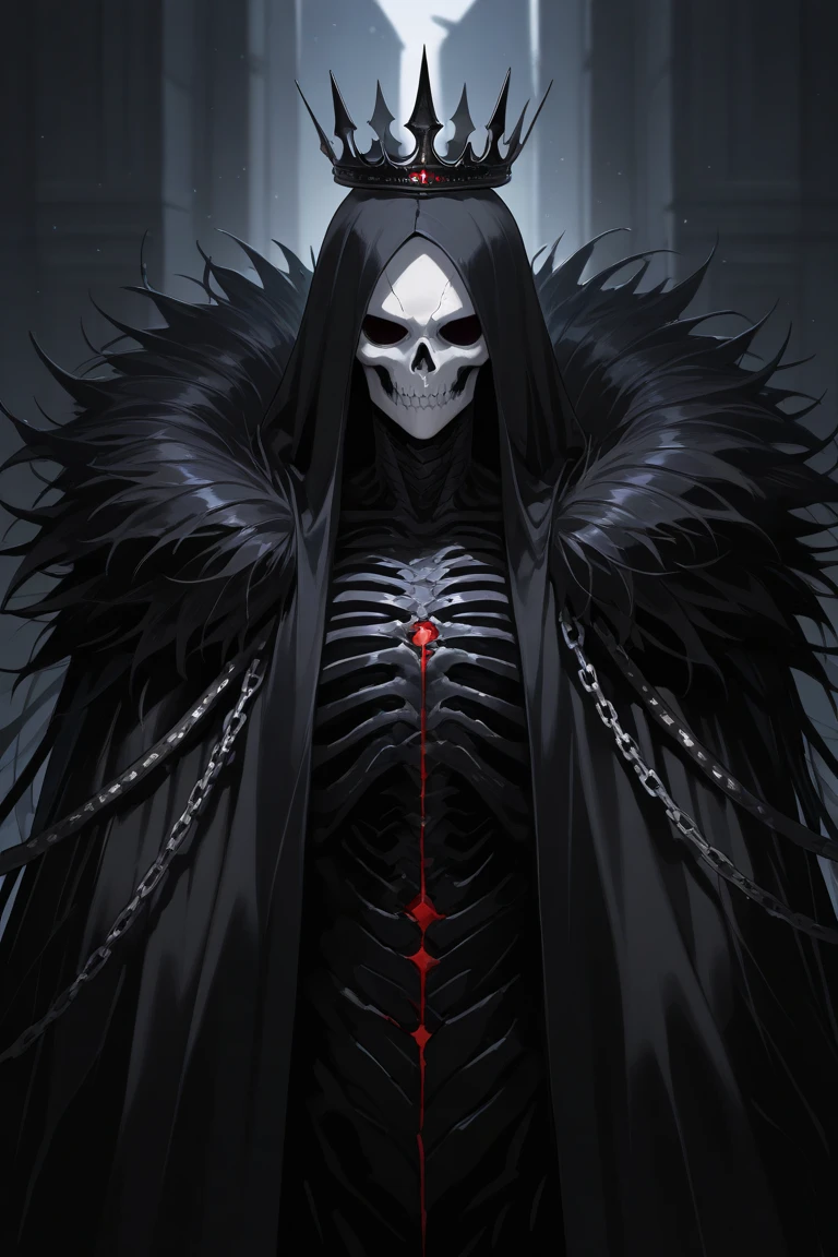 Gere imagens de: Masterpiece, best quality, ultra-detailed in 8K resolution, 1woman, stands against a plain gray background. She has a normal human body, wearing a long, dark trench coat with intricate details. However, instead of a human head, she has a deer's skull with glowing red eyes in the eye sockets. Her expression, though skeletal, exudes a sense of grim determination. Fine detail, high detail