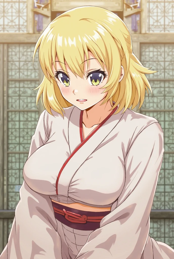 erina, 1girl, solo, long_hair, breasts, looking_at_viewer, short_hair, open_mouth, bangs, blonde_hair, large_breasts, simple_background, cleavage, hair_between_eyes, purple_eyes, collarbone, upper_body, parted_lips, japanese_clothes, solo_focus, striped, shiny, kimono, hair_bun, shiny_hair, red_background, yukata, hair_up, anime_coloring