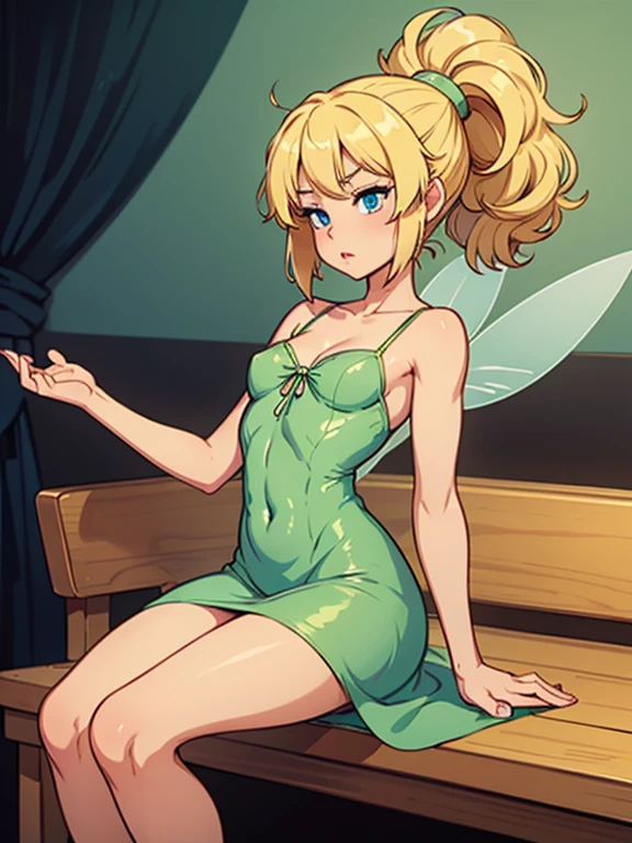 ((best quality)), ((highly detailed)), masterpiece, ((official art)), extremely detailed face, beautiful face, (detailed eyes, deep eyes), (1girl), full body, <lora:tinkerbell_v10:1>, tinker bell, blue eyes, blonde hair, short hair, short pony tail, fairy wings, symmetrical wings, (flying:1.2), sparkles, glitter, glowing, green fairy outfit, green slippers
