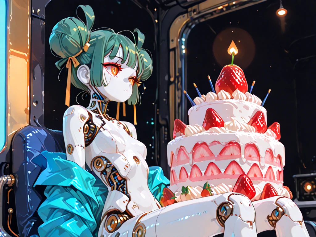 Anime girl with short light blue hair with a cake in her hands ,celebrating birthday,pelvis pov ,tight clothes