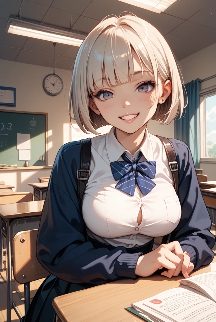 1 girl, smile,shiny silver hair, short hair, shiny blue eyes, kissy face, crouch, school uniform, bow tie, plaid pattern pleated skirt, classroom, face focus, close up, long sleeve, looking at viewer,beige knit cardigan, squattng, stripe panties, black panty hose