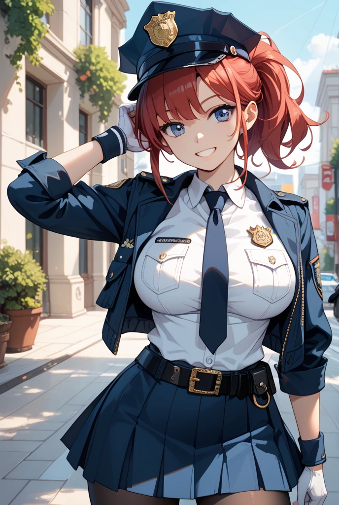 (top-quality: 1.3), (​masterpiece: 1.3), (Super Detail: 1.3), (wall-paper, one girls: 1.1)、(Detailed hands and fingers:1.2)、(Detailed ultra-oily shiny skin:1.1)、(police officer uniform:1.4)、(Light blue buttoned shirt:1.4)、Black tie、(Black miniskirt:1.2)、(Raw feet:1.3)，(Red panties:1.1)、Red hair、Longhaire、Straight hair、Beautiful sister、(ssmile:1.3)、(Street Trees:1.2)、(Beautiful Large Breasts:1.3) 、sexypose、is standing、bending forward